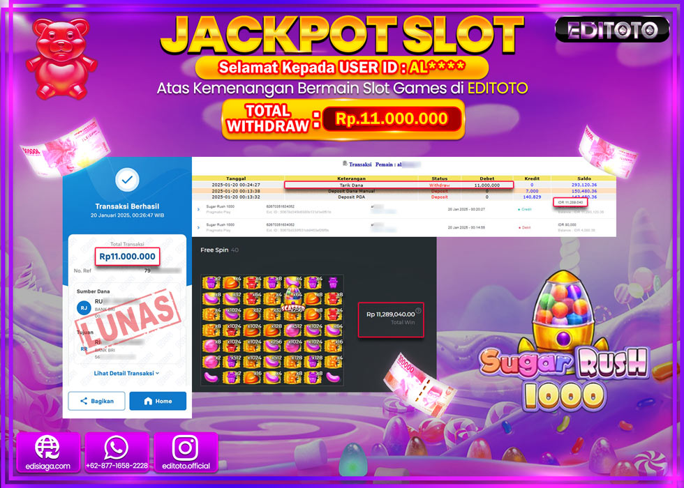 JACKPOT SLOT SUGAR RUSH 1000  Rp.11.000.000.,- LUNAS