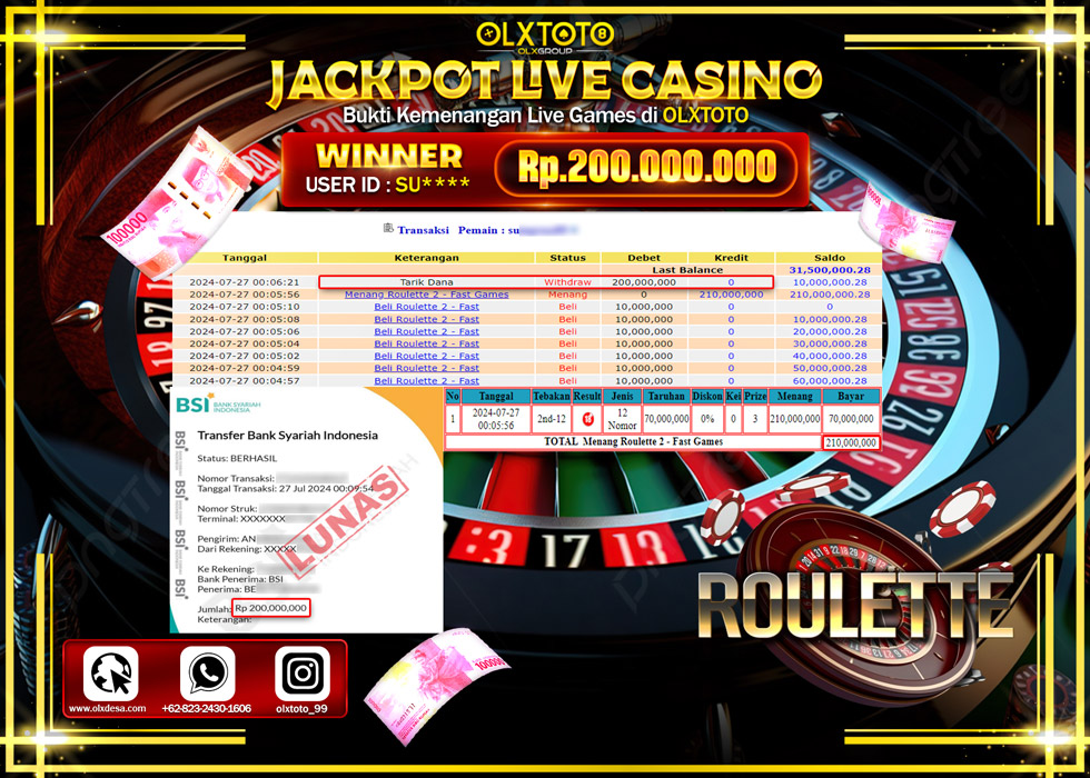 OLXTOTO JACKPOT  LIVE GAMES ROULETTE 2 Rp.200.000.000.,- LUNAS