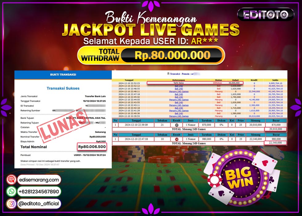 JACKPOT  LIVE GAMES 24D GAMES Rp.80.000.000.,- LUNAS