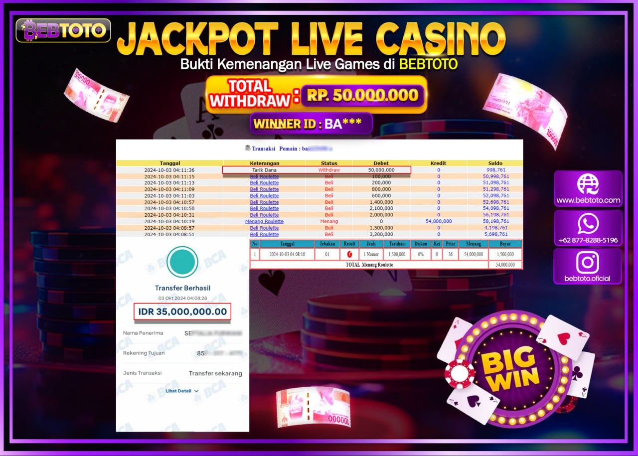 JACKPOT LIVE CASINO BEBTOTO ROULETTE Rp.50.000.000.,- LUNAS
