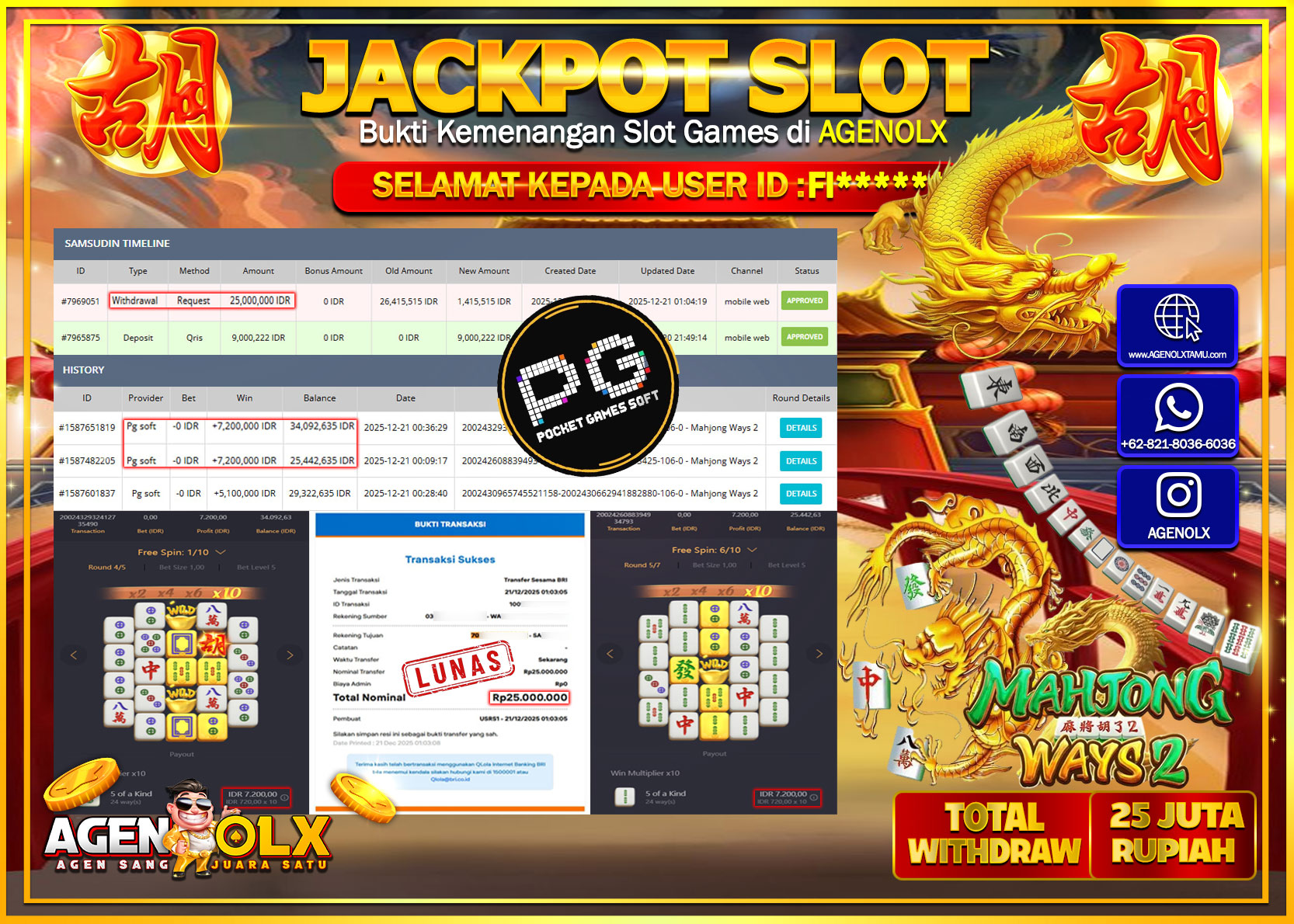 AGENOLX JACKPOT PG SOFT MAHJONG WAYS 2  Rp 25,000,000,- LUNAS