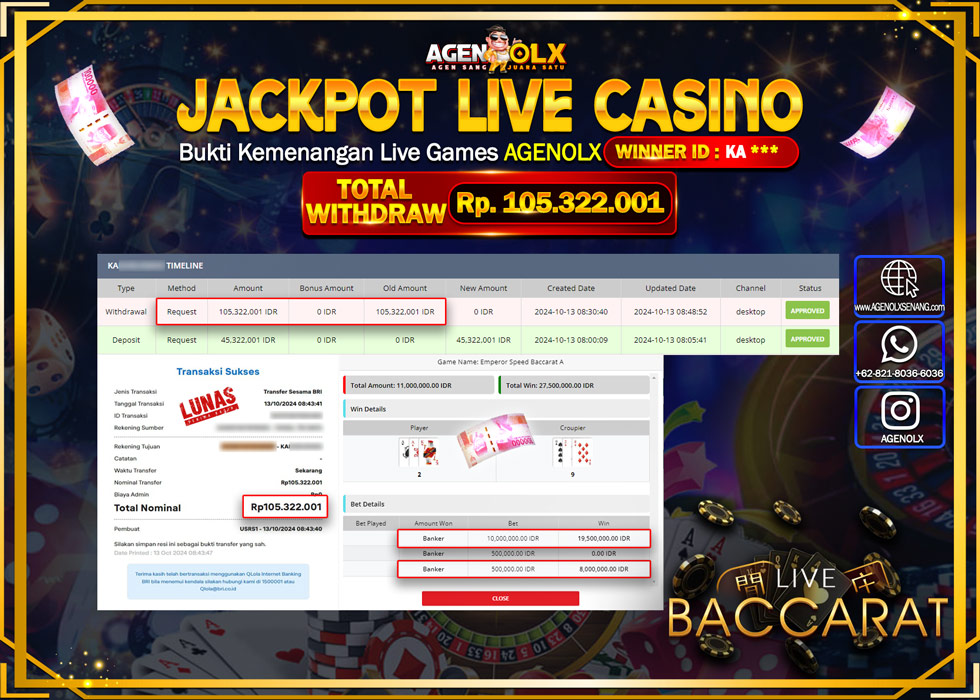 AGENOLX JACKPOT  LIVE GAMES BACCARAT  Rp.105.322.001,- LUNAS