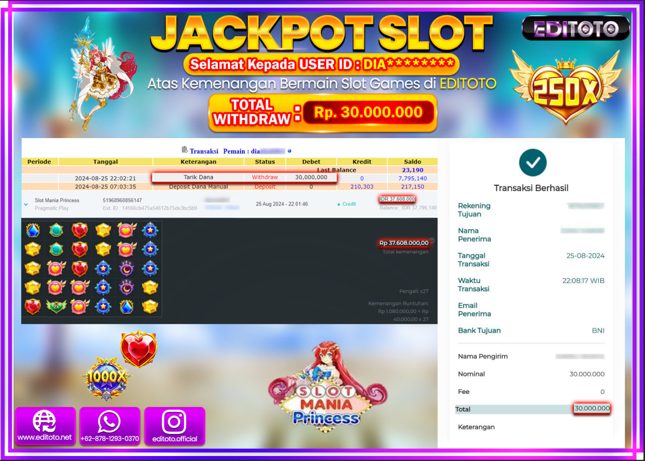 JACKPOT SLOT MANIA PRINCESS  Rp.30.000.000.,- LUNAS