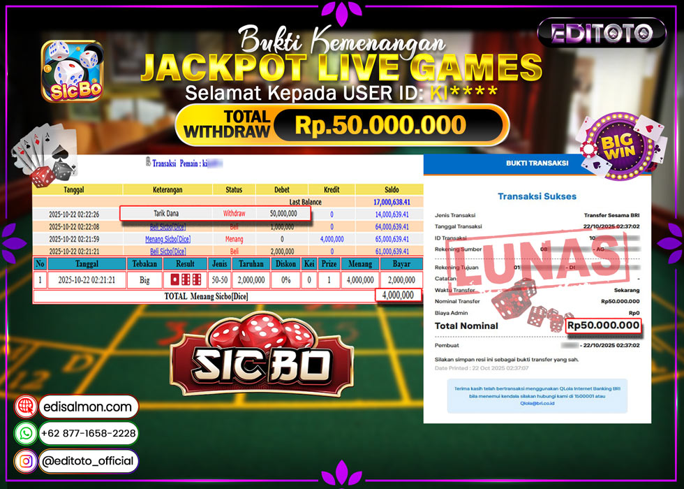 JACKPOT EDITOTO LIVE GAMES SICBO DICE Rp. 50.000.000.,- LUNAS