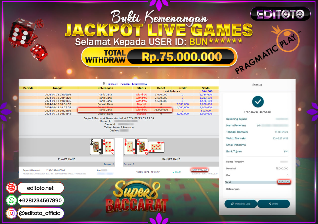 JACKPOT LIVE GAME PRAGMATIC PLAY SUPER 8 BACCARAT Rp.75.000.000.,- LUNAS