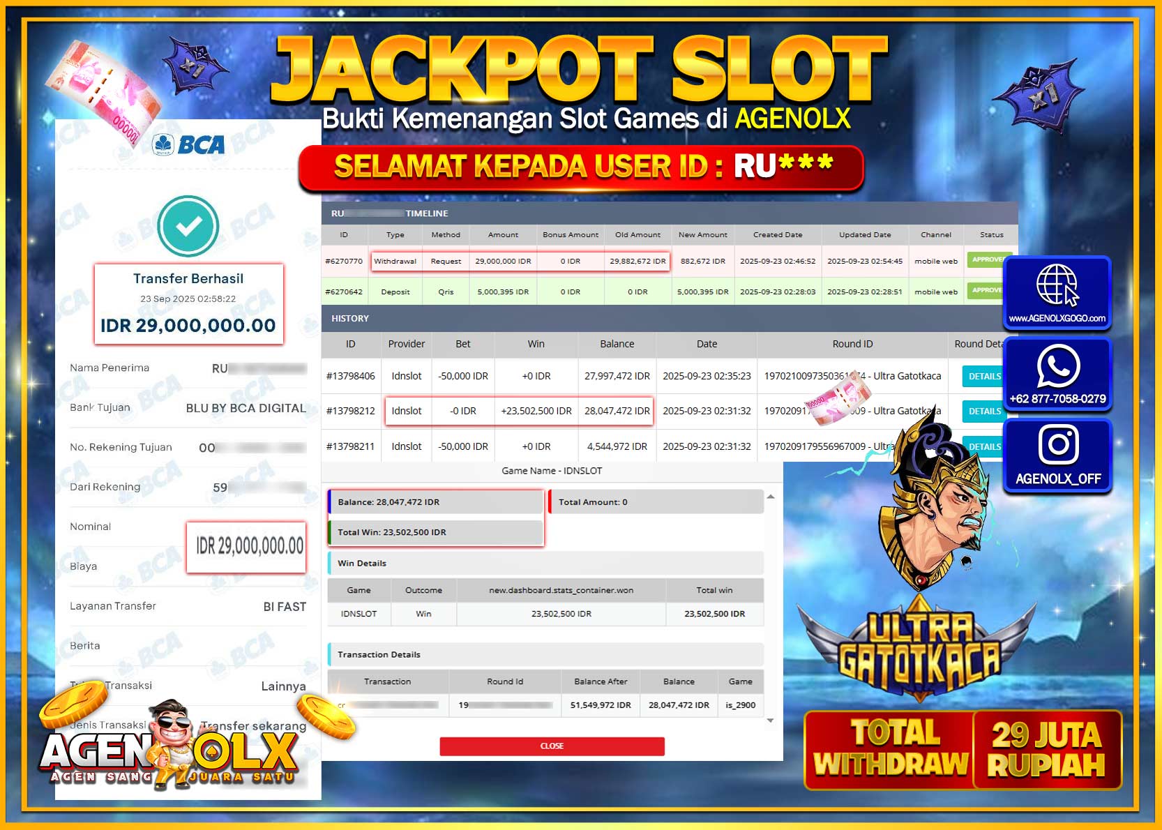 AGENOLX JACKPOT  SLOT ULTRA GATOTKACA Rp 29,000,000,- LUNAS