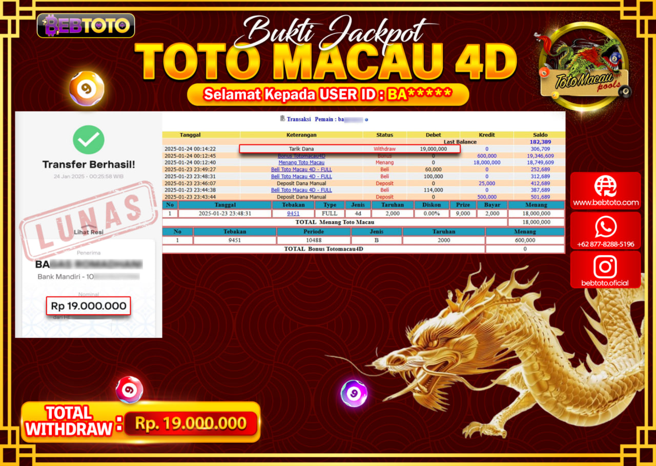 JACKPOT LIVE CASINO BEBTOTO TOTO MACAU 4D Rp.19.000.000.,- LUNAS