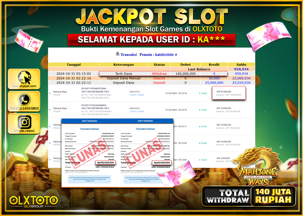OLXTOTO JACKPOT  SLOT MAHJONG WAYS  Rp.140.000.000.,- LUNAS