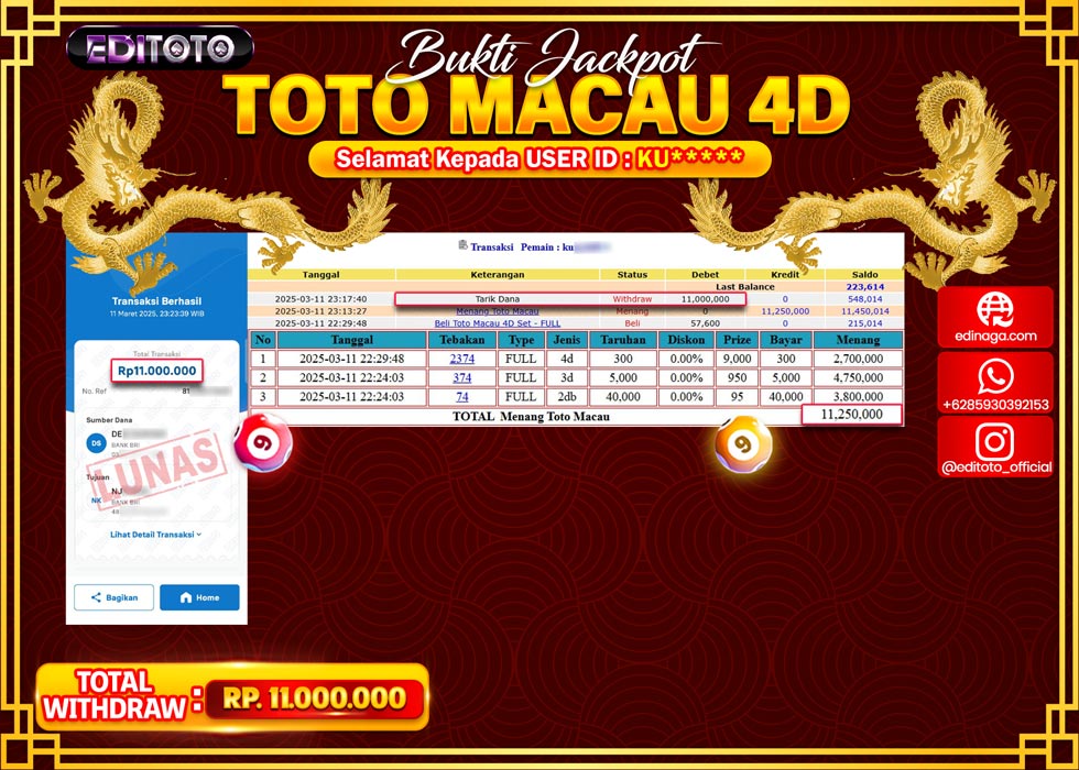 JACKPOT TOGEL PASARAN TOTOMACAU 4D Rp.11.000.000.,- LUNAS