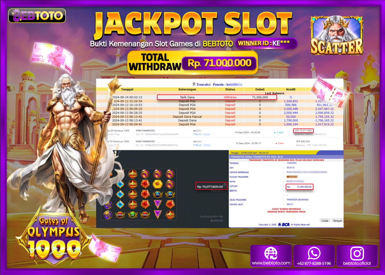 JACKPOT SLOT BEBTOTO GATES OF OLYMPUS 1000 Rp.71.000.000.,- LUNAS