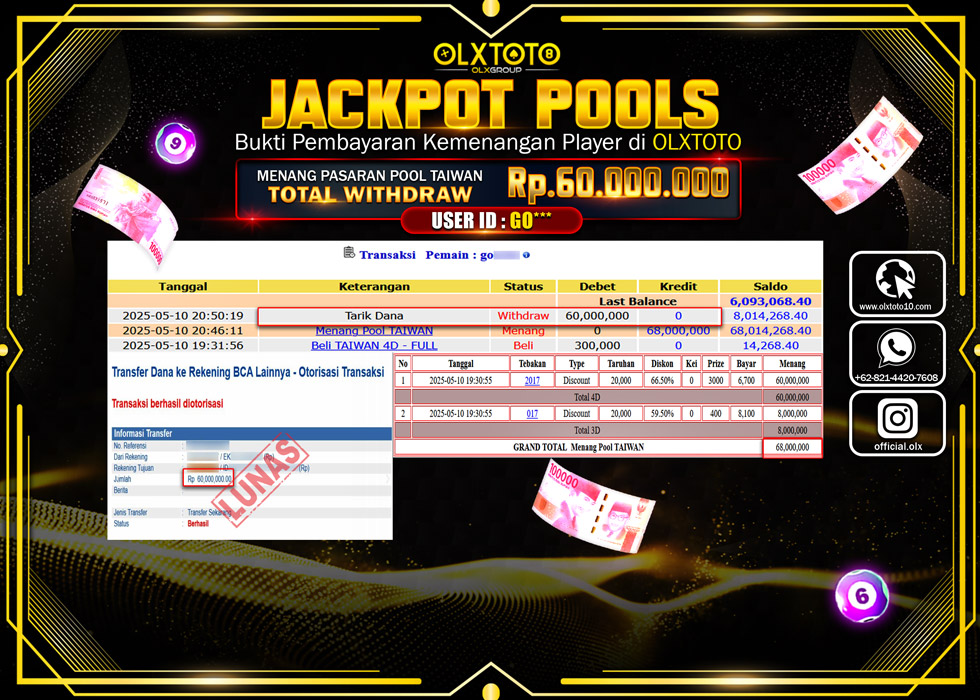 BINTANGSLOT77 JACKPOT TOGEL PASARAN POOL TAIWAN Rp.60.000.000.,- LUNAS
