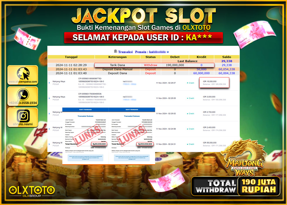 OLXTOTO JACKPOT  SLOT MAHJONG WAYS  Rp.190.000.000.,- LUNAS