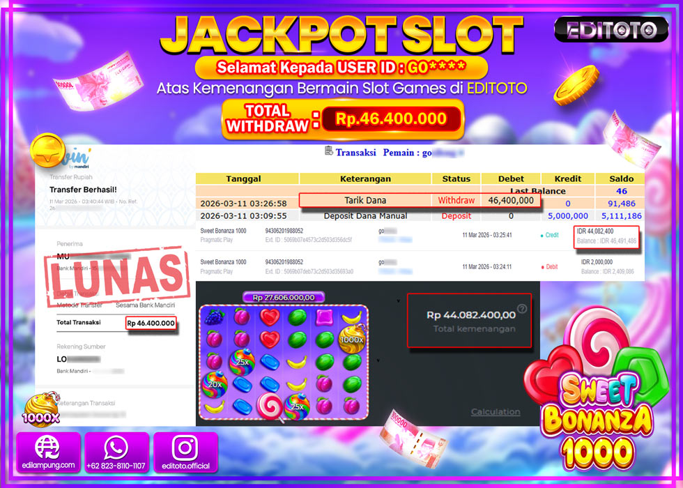 JACKPOT EDITOTO SLOT SWEET BONANZA 1000 Rp.46.400.000,- LUNAS