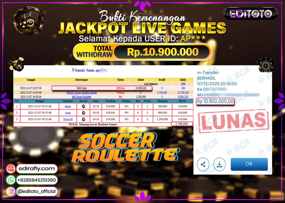 JACKPOT EDITOTO LIVE GAMES SOCCER ROULETTE Rp. 10.900.000.,- LUNAS