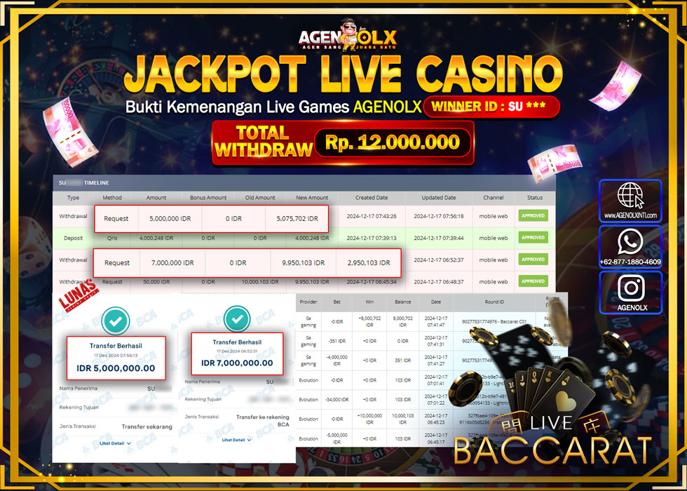 AGENOLX JACKPOT LIVE GAMES BACCARAT Rp 12.000.000,- LUNAS