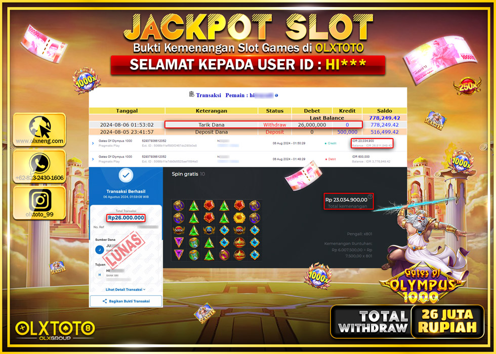 OLXTOTO JACKPOT  SLOT GATES OF OLYMPUS 1000 Rp.26.000.000.,- LUNAS