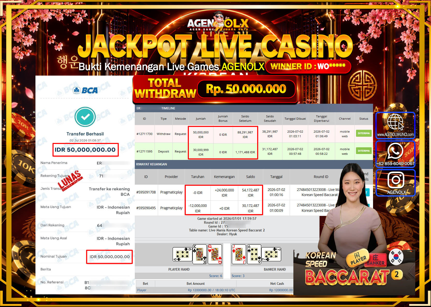 AGENOLX JACKPOT LIVE CASINO MANIA KOREAN BACCARAT 2 Rp 50.000.000  - LUNAS