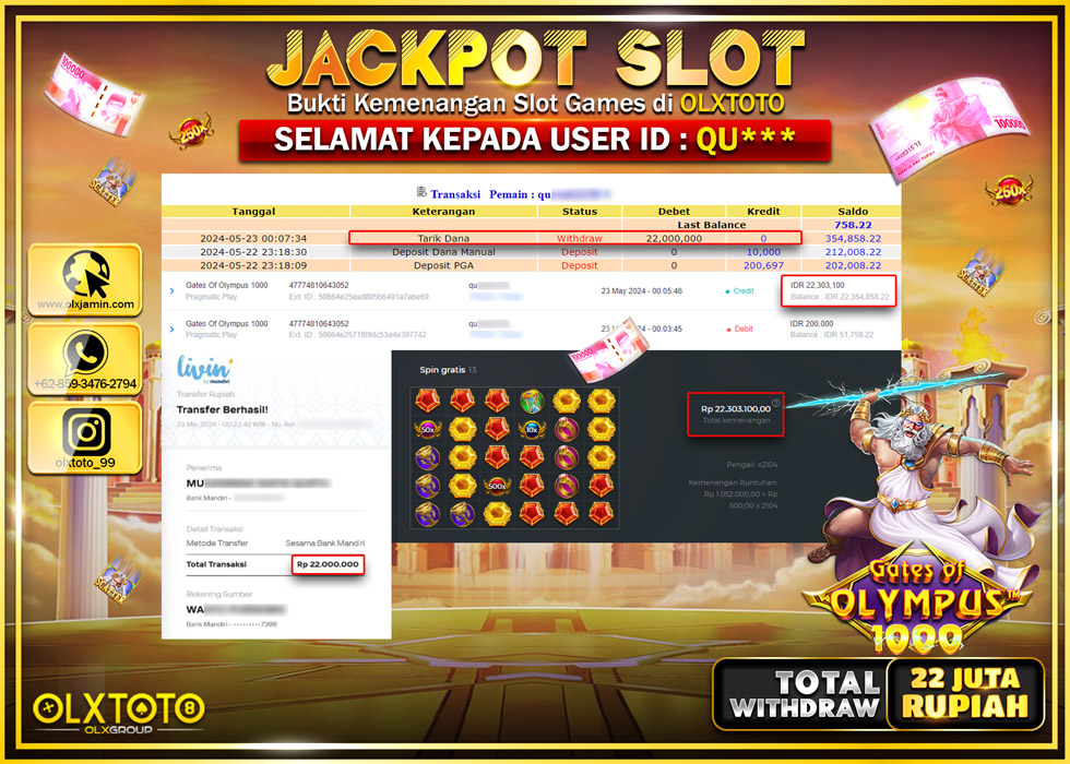 OLXTOTO JACKPOT SLOT GATES OF OLYMPUS 1000 Rp.22.000.000.,- LUNAS