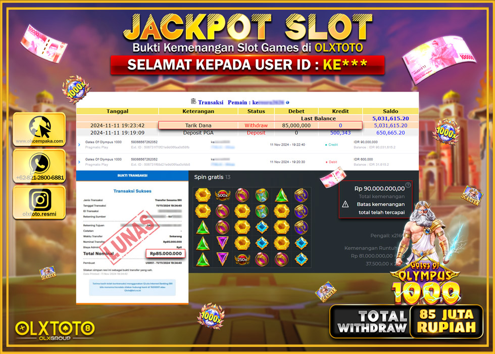 OLXTOTO JACKPOT  SLOT GATES OF OLYMPUS 1000  Rp.85.000.000.,- LUNAS