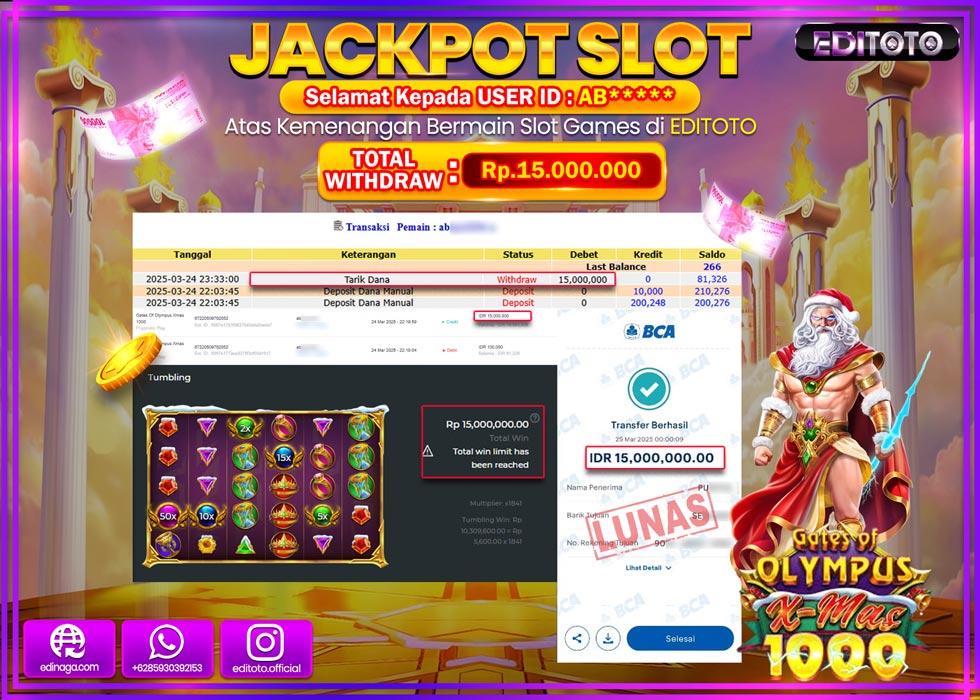 JACKPOT SLOT GATES OF OLYMPUS X-MAS 1000 Rp.15.000.000.,- LUNAS