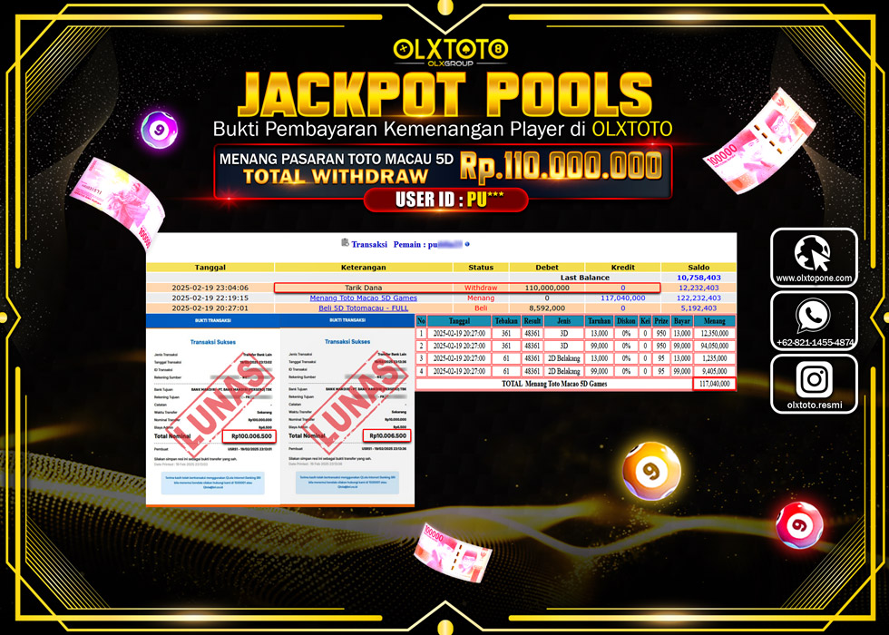OLXTOTO JACKPOT  TOGEL POOL TOTO MACAU 5D  Rp.110.000.000.,- LUNAS