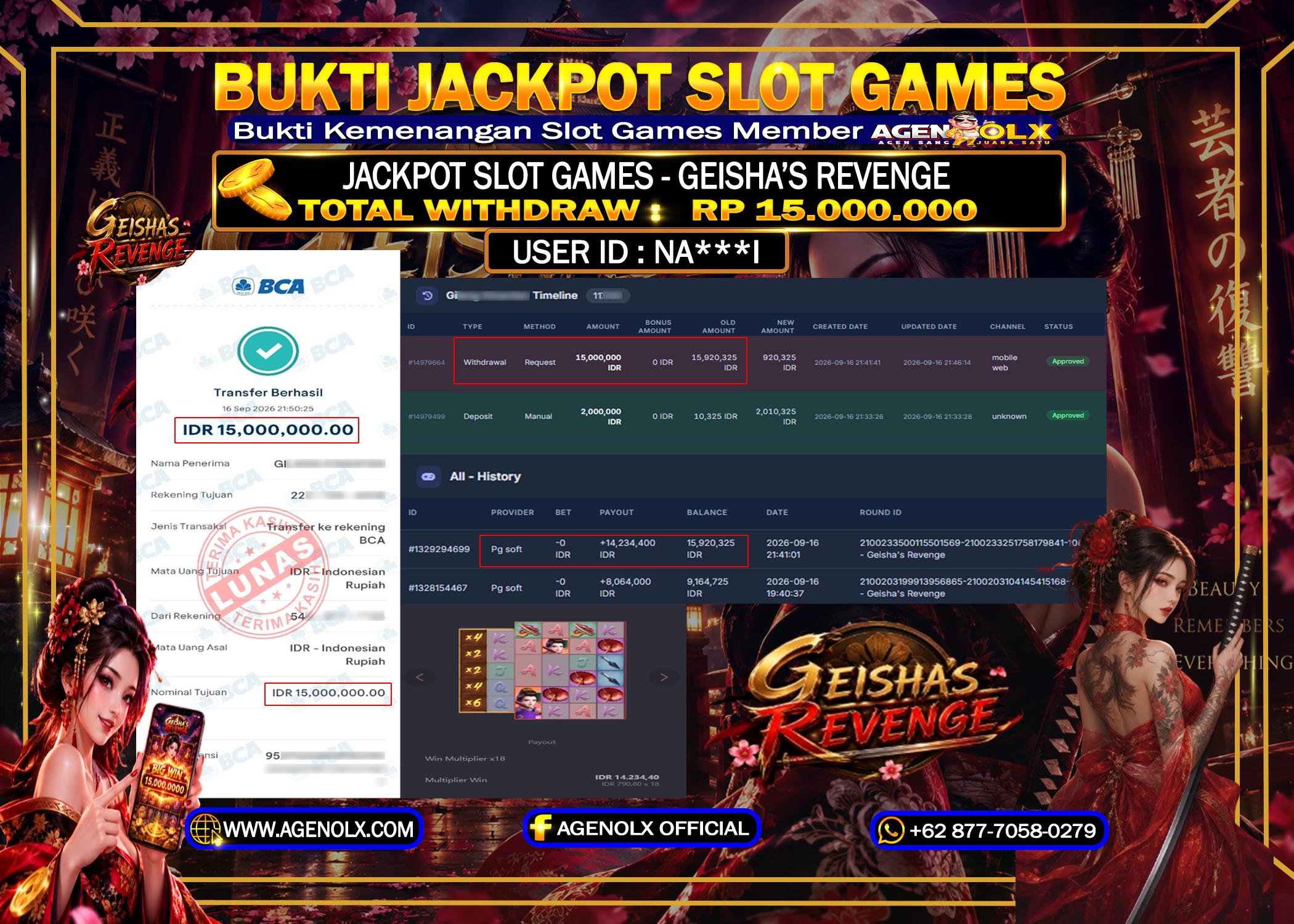 AGENOLX JACKPOT SLOT GEISHA S REVENGE  RP 15.000.000 - LUNAS