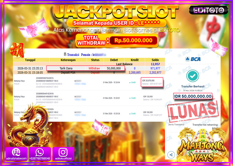 JACKPOT EDITOTO SLOT MAHJONG WAYS Rp.50.000.000,- LUNAS