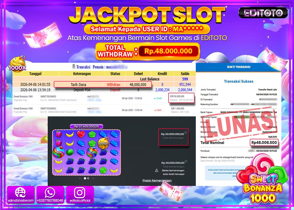 JACKPOT EDITOTO SLOT SWEET BONANZA 1000 Rp.48.000.000,- LUNAS