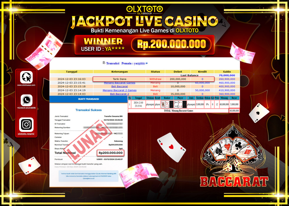 OLXTOTO JACKPOT  LIVE GAMES BACCARAT Rp.200.000.000.,- LUNAS