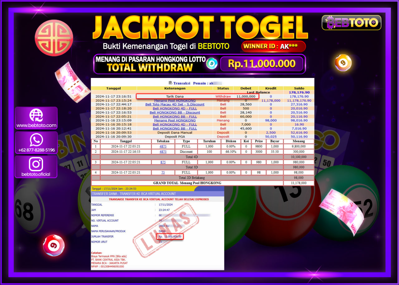 JACKPOT TOGEL BEBTOTO HONGKONG LOTTO Rp.11.000.000.,- LUNAS