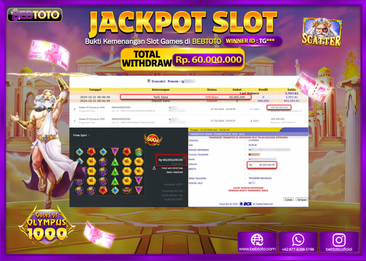 JACKPOT SLOT BEBTOTO GATES OF OLYMPUS 1000 Rp.60.000.000.,- LUNAS