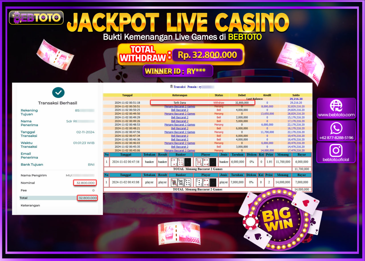JACKPOT LIVE CASINO BEBTOTO BACCARAT Rp.32.800.000.,- LUNAS