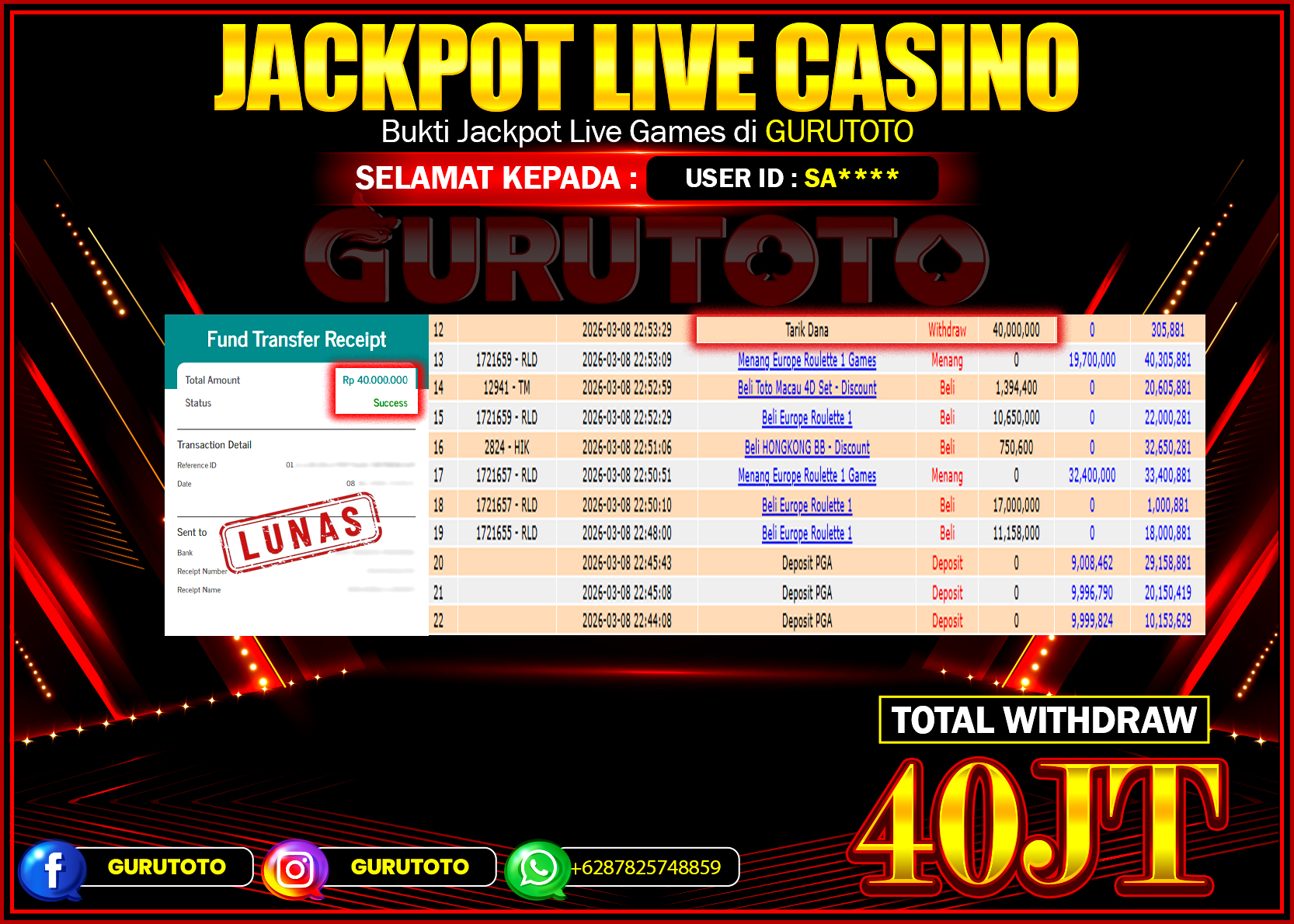 Bukti Kemenangan Rp 40.000.000 LIVE CASINO di GURUTOTO !