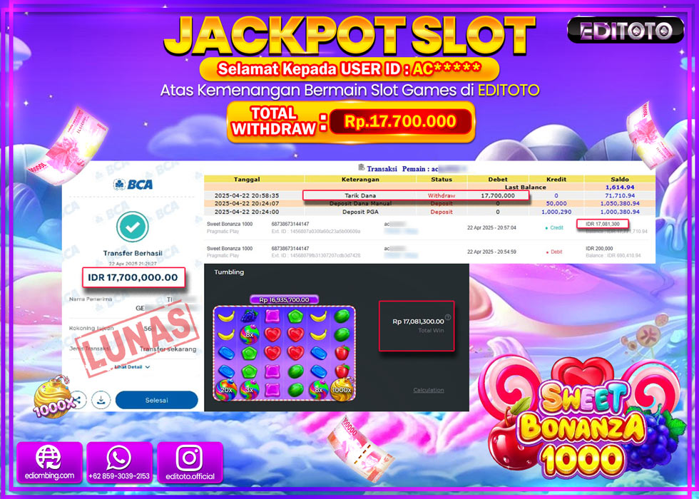 JACKPOT SLOT SWEET BONANZA 1000 Rp.17.700.000,- LUNAS