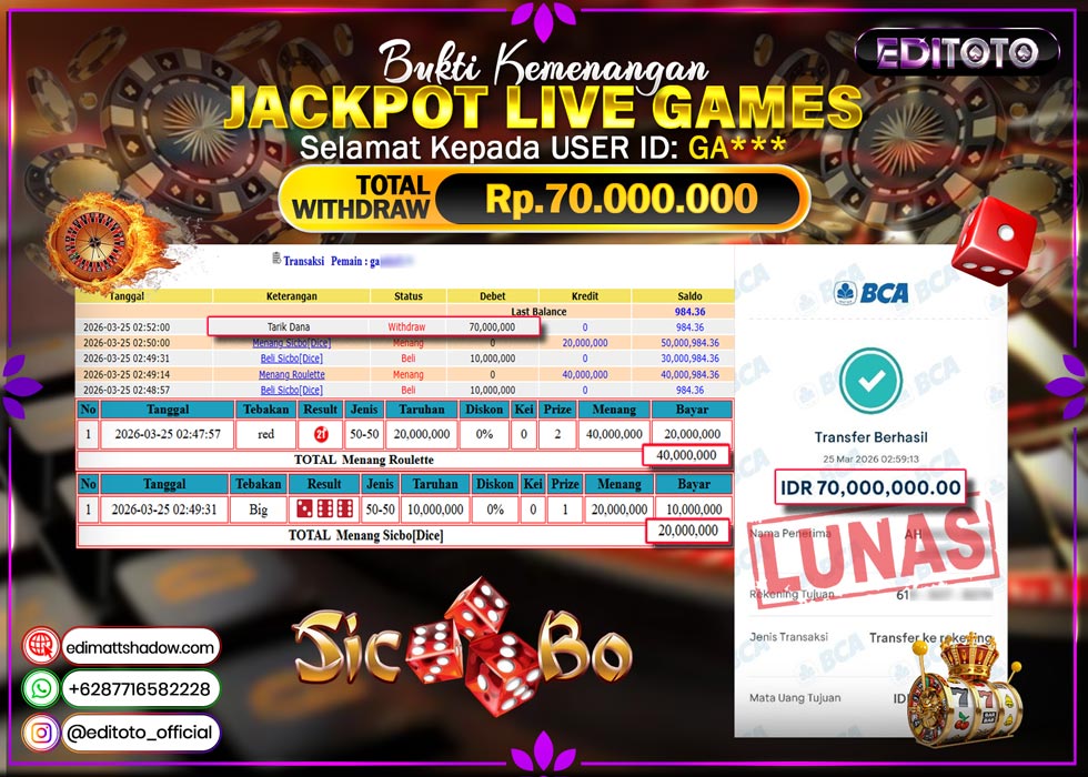 JACKPOT EDITOTO LIVE GAMES SICBO DICE Rp. 70.000.000.,- LUNAS