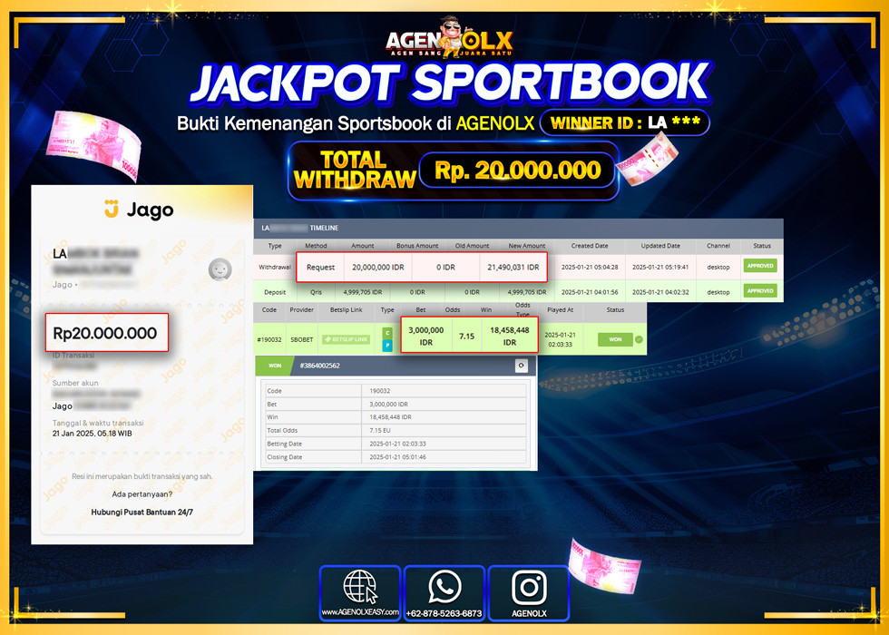 AGENOLX JACKPOT LIVE SPORTBOOK  Rp 20.000.000,- LUNAS