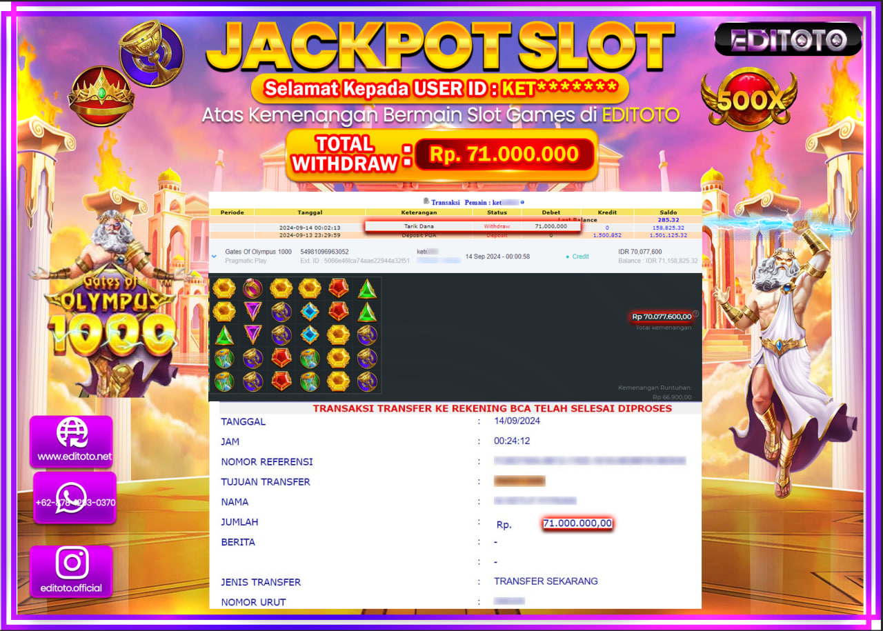 JACKPOT SLOT GATES OF OLYMPUS 1000   Rp.71.000.000.,- LUNAS