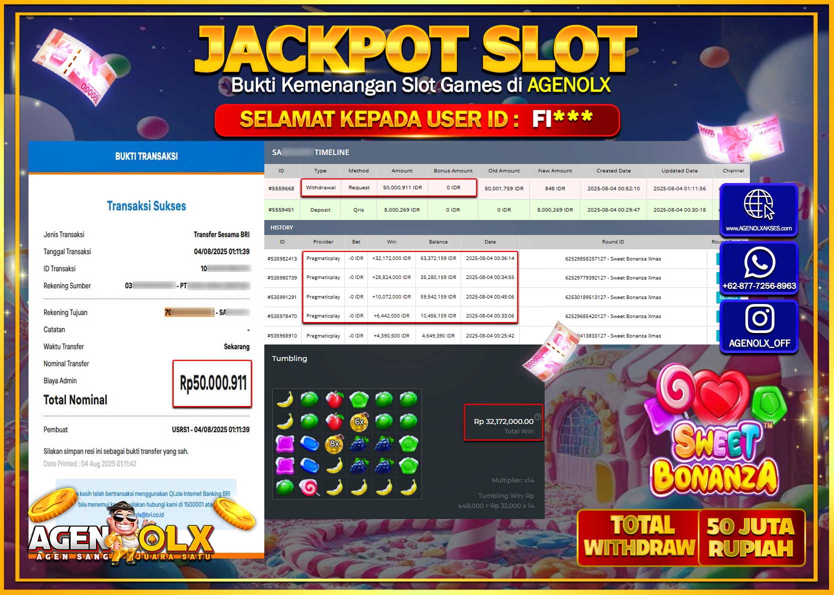 AGENOLX JACKPOT SLOT SWEET BONANZA XMAS Rp 50.911.000,- LUNAS