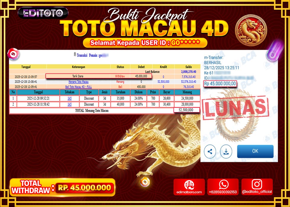 JACKPOT EDITOTO TOGEL PASARAN TOTO MACAU 4D Rp.45.000.000.,- LUNAS 
