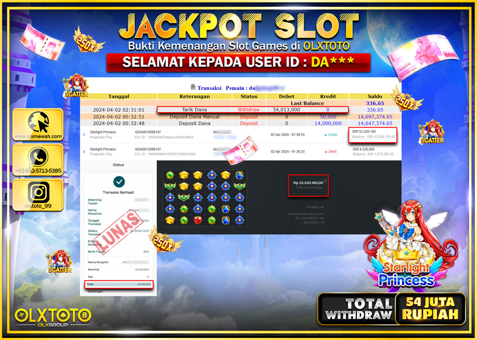 OLXTOTO JACKPOT SLOT STARLIGHT PRINCESS  Rp.54.013.000.,- LUNAS