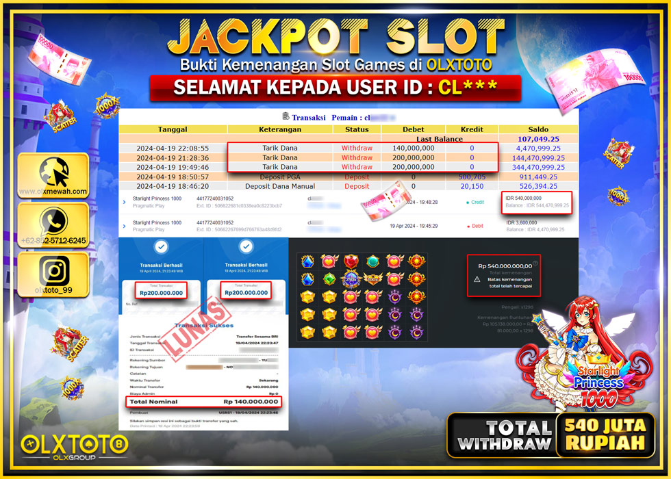 OLXTOTO JACKPOT SLOT STARLIGHT PRINCESS 1000 Rp.540.000.000.,- LUNAS