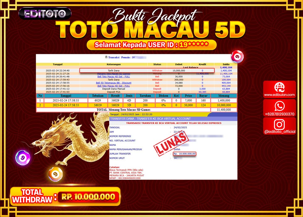 JACKPOT TOGEL PASARAN TOTOMACAU 5D Rp.10.000.000.,- LUNAS