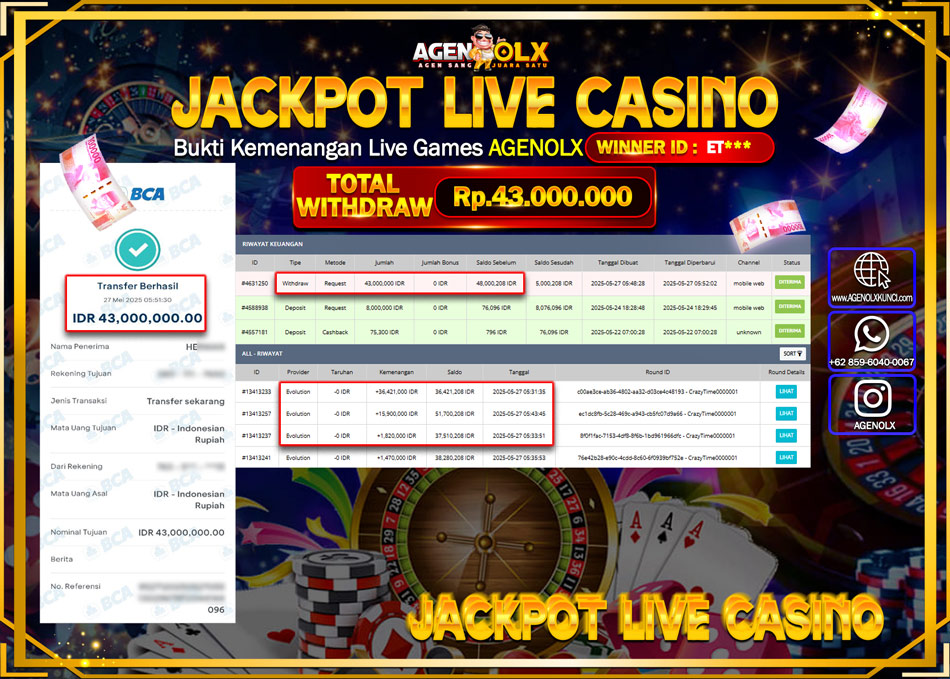 AGENOLX JACKPOT LIVE CASSINO Rp 43.000.000,- LUNAS