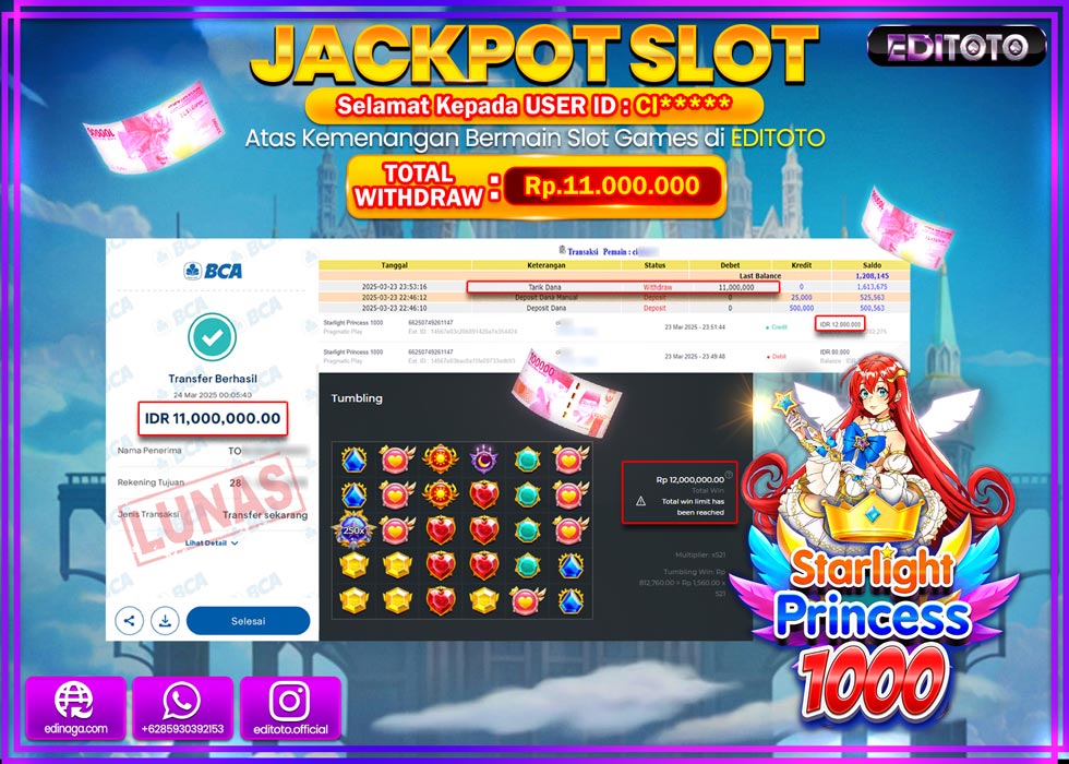 JACKPOT SLOT STARLIGHT PRINCESS 1000 Rp.11.000.000.,- LUNAS
