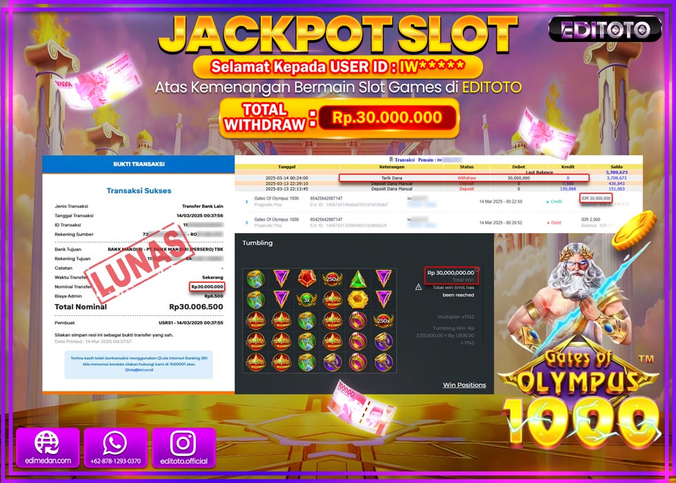 JACKPOT SLOT GATES OF OLYMPUS 1000  Rp.30.000.000.,- LUNAS