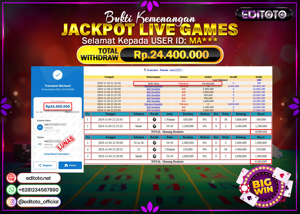 JACKPOT LIVE GAME ROULETTE Rp.24.400.000.,- LUNAS