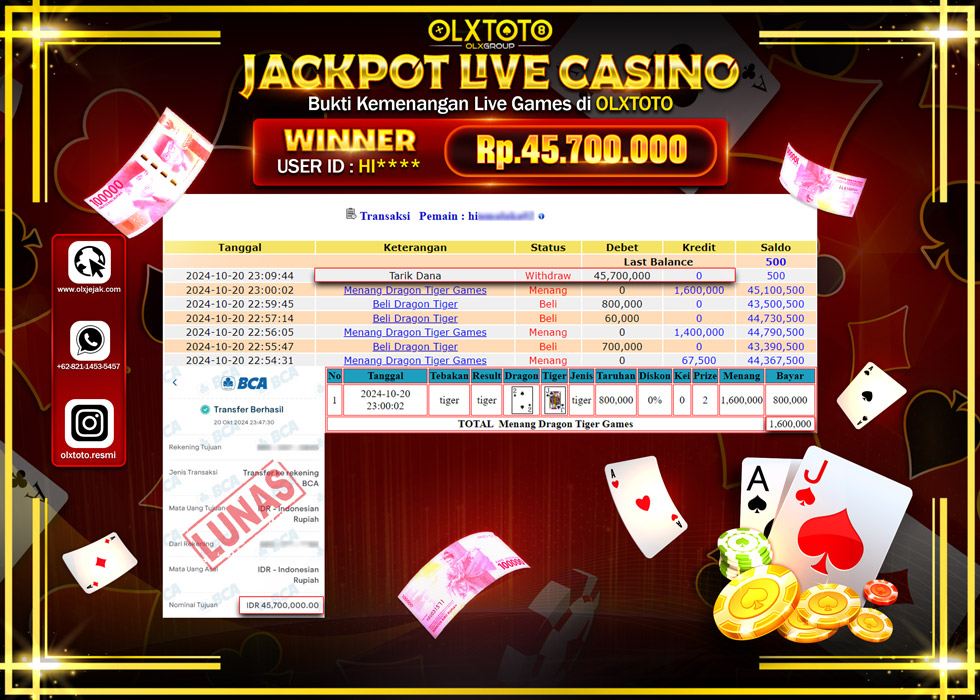 OLXTOTO JACKPOT  LIVE GAMES DRAGON TIGER  Rp.45.700.000.,- LUNAS