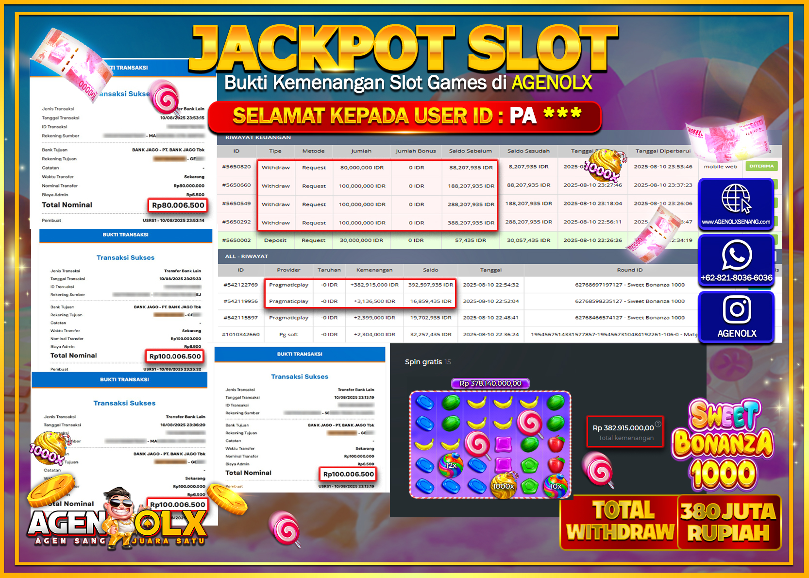 AGENOLX JACKPOT SLOT SWEET BONANZA 1000  Rp 380.000.000,- LUNAS