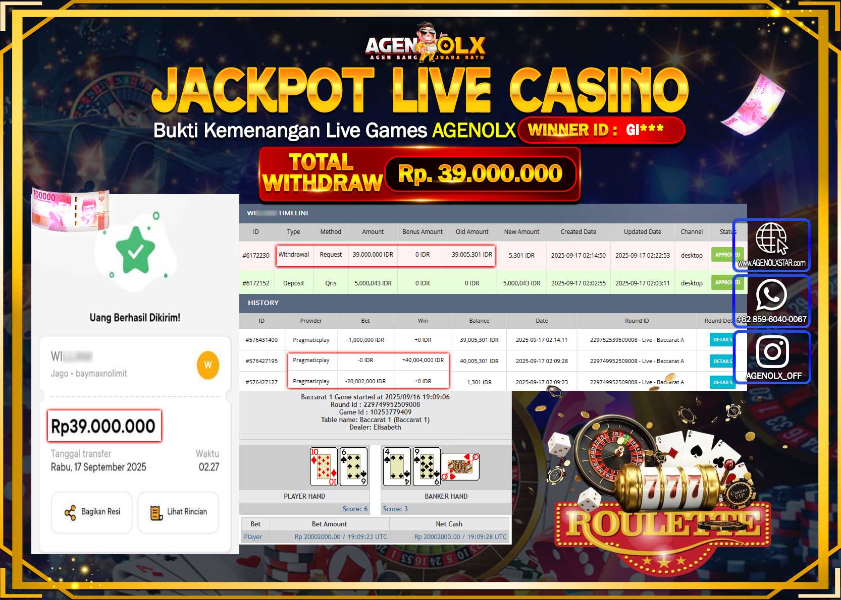 AGENOLX JACKPOT  LIVE CASINO BACCARAT A  Rp 39,000,000,- LUNAS