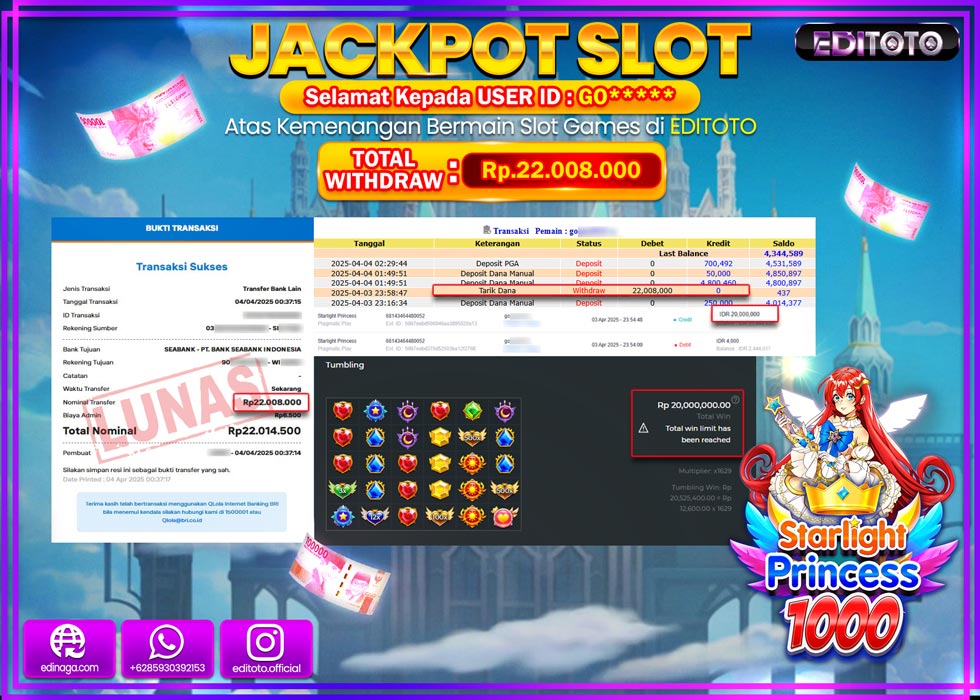 JACKPOT SLOT STARLIGHT PRINCESS 1000 Rp.22.008.000.,- LUNAS